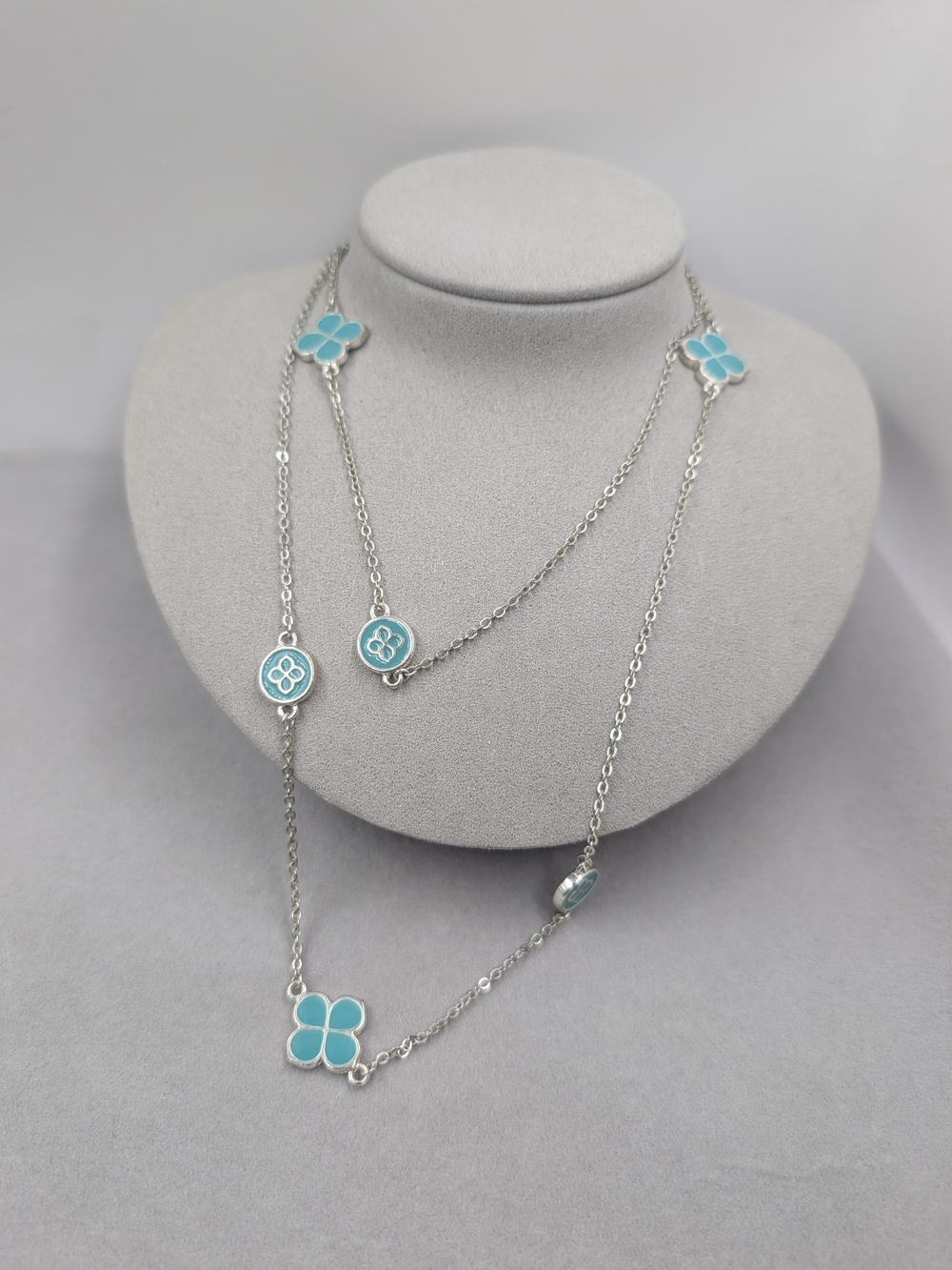 Turquoise Enamel Quatrefoil Clover Long Station Necklace | M160